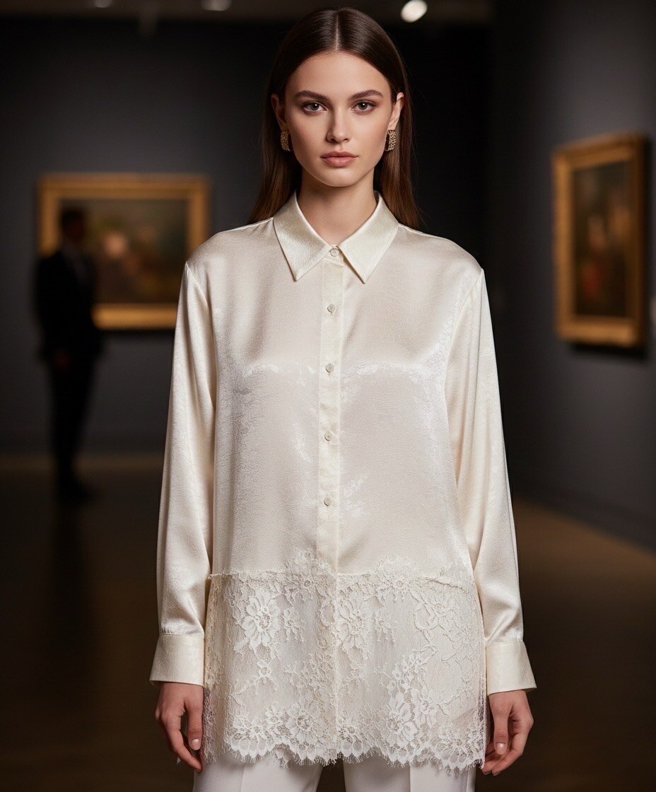 Elevate your wardrobe with this shirt featuring a romantic and refined style. Crafted from luxurious satin with a silky feel and ultra-soft beige color. Slightly loose and oversized fit, very flattering, Premium satin with a fluid drape and subtle sheen. The bottom of the shirt is adorned with stunning tone-on-tone floral lace, Long sleeves finished with satin cuffs. Front button closure with matching pearl buttons and a classic shirt collar for a chic look in any situation.
The model is wearing size S/M