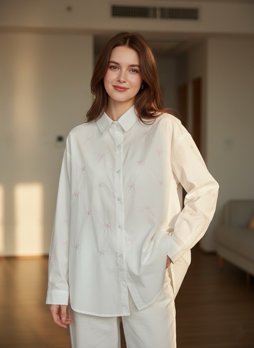 Apportez une touche de romantisme et de délicatesse à votre quotidien avec cette chemise blanche en popeline de coton ultra-douce ornée de petits nœuds rose poudré brodés ton sur ton. Col chemise rigide et boutons blancs nacrés et Manches longues avec poignets boutonnés. Coupe oversized légèrement ample, ultra confortable et flatteuse.
La mannequin le modèle en taille S/M.