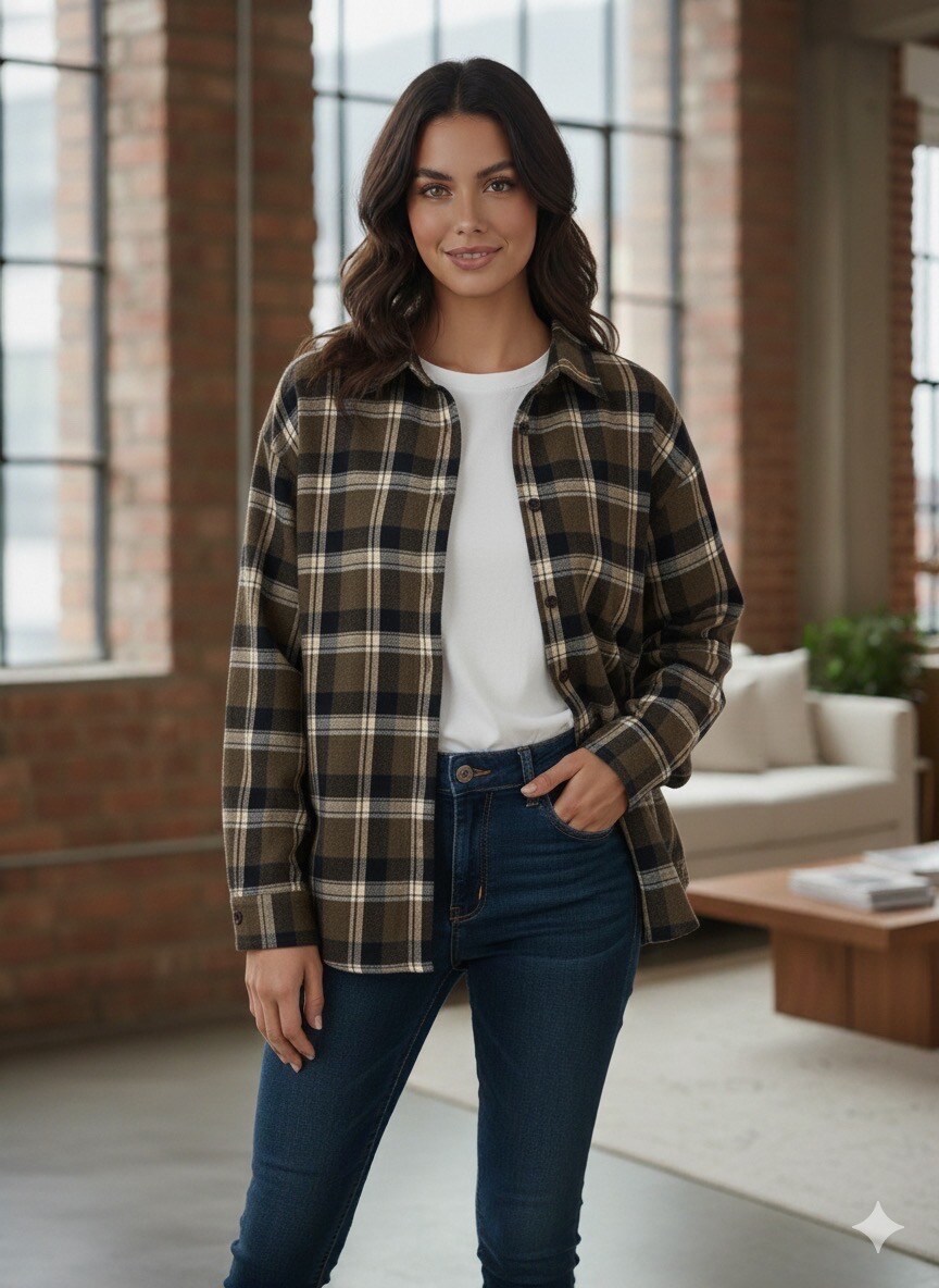 Magnifique chemise oversize en flanelle douce et chaude, parfaite pour un look streetwear effortless et tendance. Son motif à carreaux classique dans des tons marron, beige et noir est sublimé par une impression XXL dans le dos : le mythique “NEW YORK EST 1882” en lettres universitaires effet velours. Boutons ton sur ton marron foncé et Manches longues avec poignets boutonnés .Un détail fort qui transforme cette chemise basique en pièce statement.
La mannequin le modèle en taille S/M