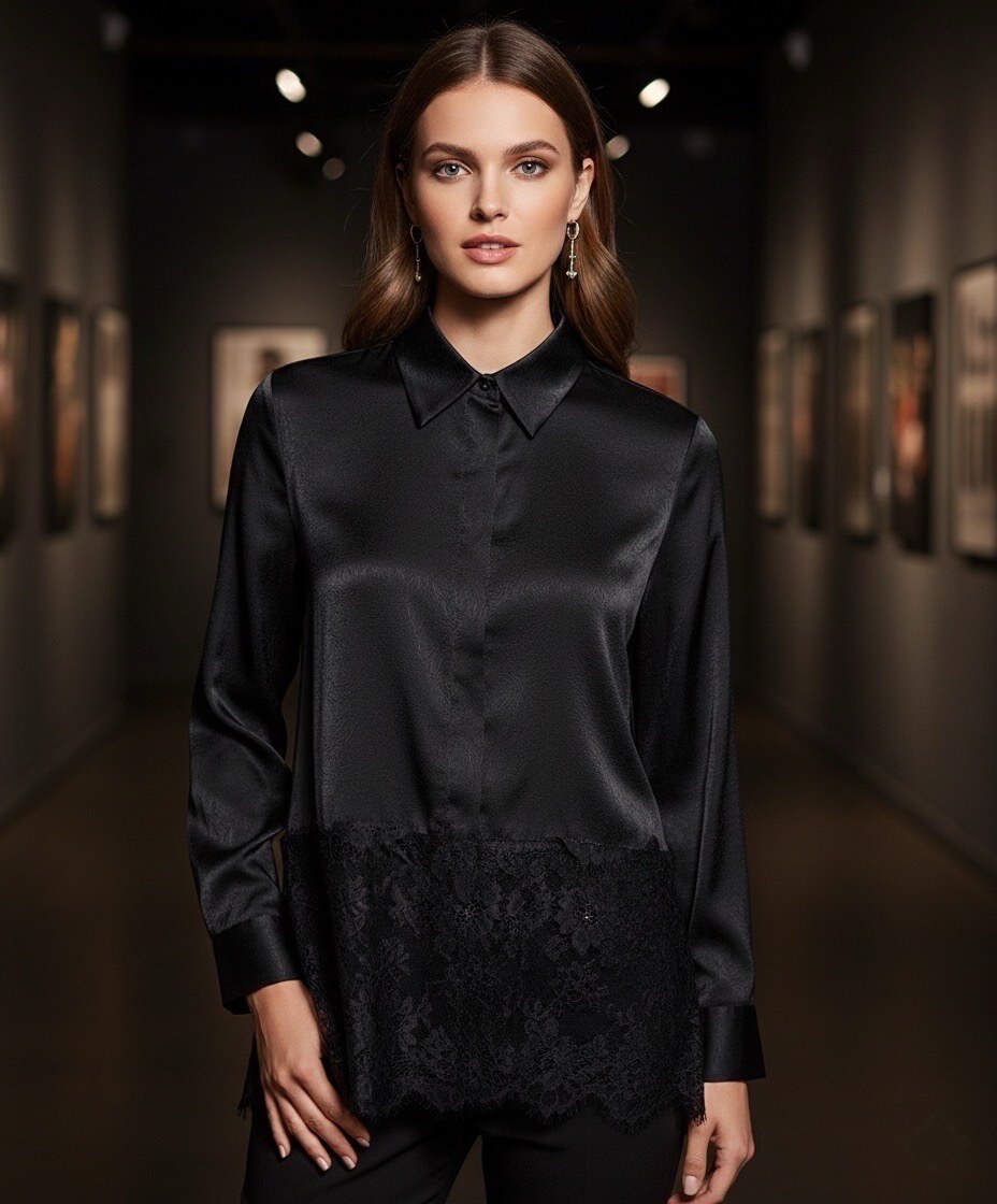 Elevate your wardrobe with this shirt featuring a romantic and refined style. Crafted from luxurious satin with a silky touch and ultra-soft black color. Slightly loose and oversized fit, very flattering, Premium satin with a fluid drape and subtle sheen. The hem of the shirt is adorned with stunning tone-on-tone floral lace, Long sleeves finished with satin cuffs. Front button closure with matching pearl buttons and a classic shirt collar for a chic look in any situation.
The model is wearing size S/M