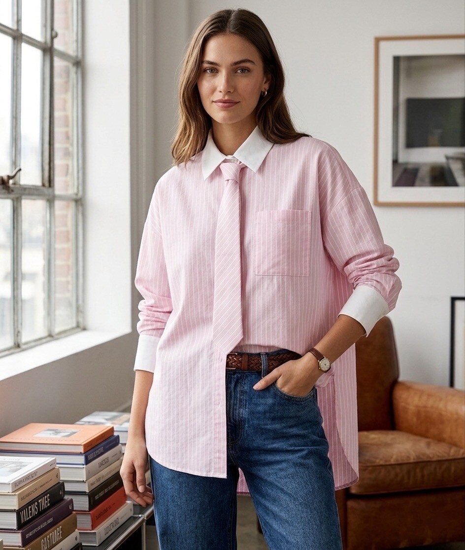 Grossiste Les Bonnes Copines - Chemise Oversize à Rayures avec Cravate Assortie
