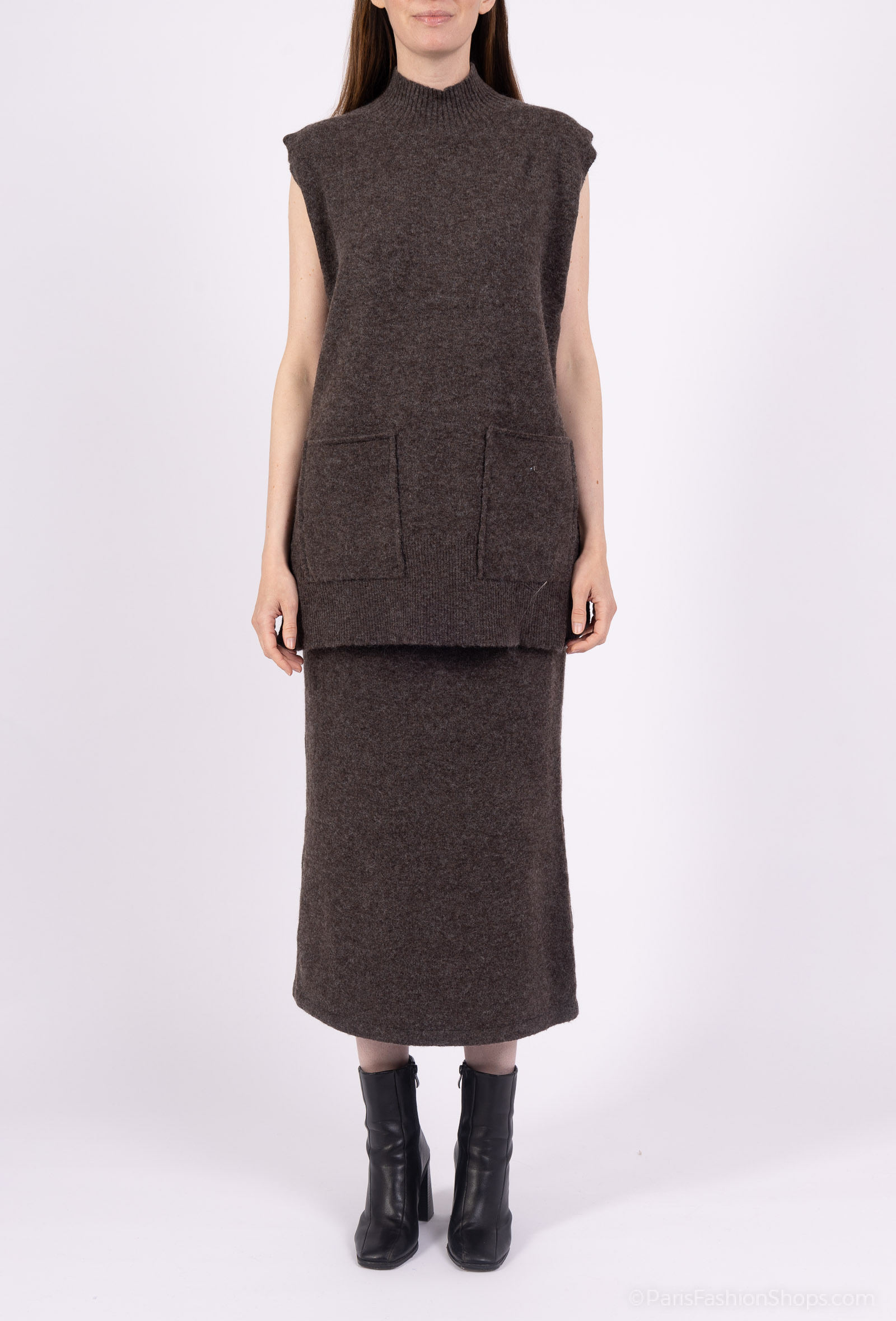 Grossiste Les Bonnes Copines - Ensemble Pull sans manche  & Jupe Longue Maille Côtelée