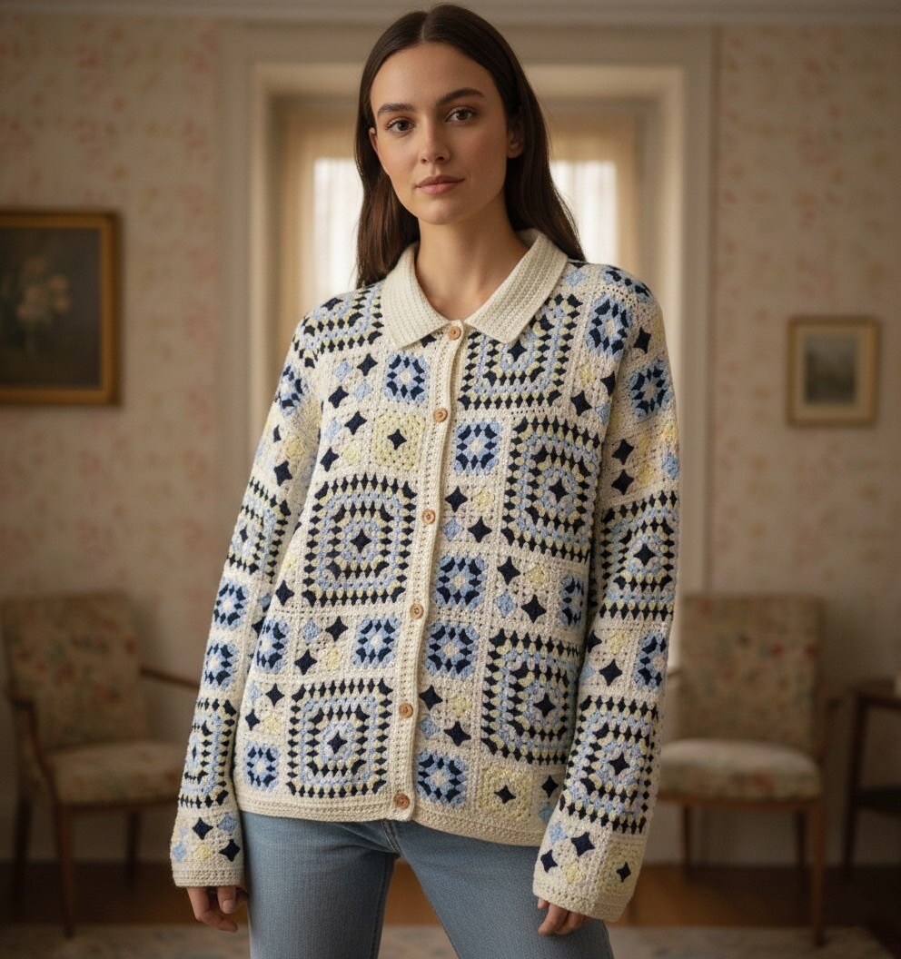 Grossista Les Bonnes Copines - Cardigan all'Uncinetto Oliva Verde – Motivo Granny Square Colorato