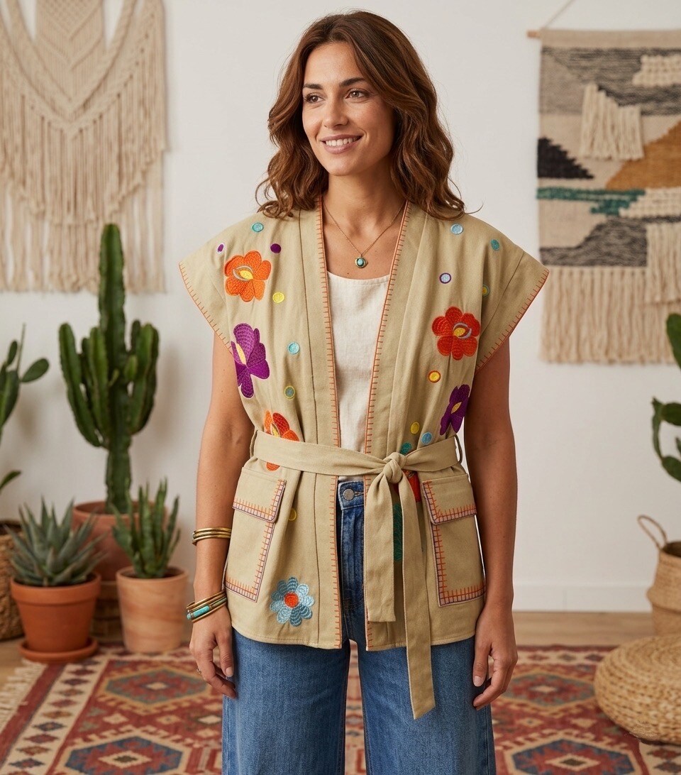 Wholesaler Les Bonnes Copines - Taupe Bohemian Embroidered Vest – Floral Edition