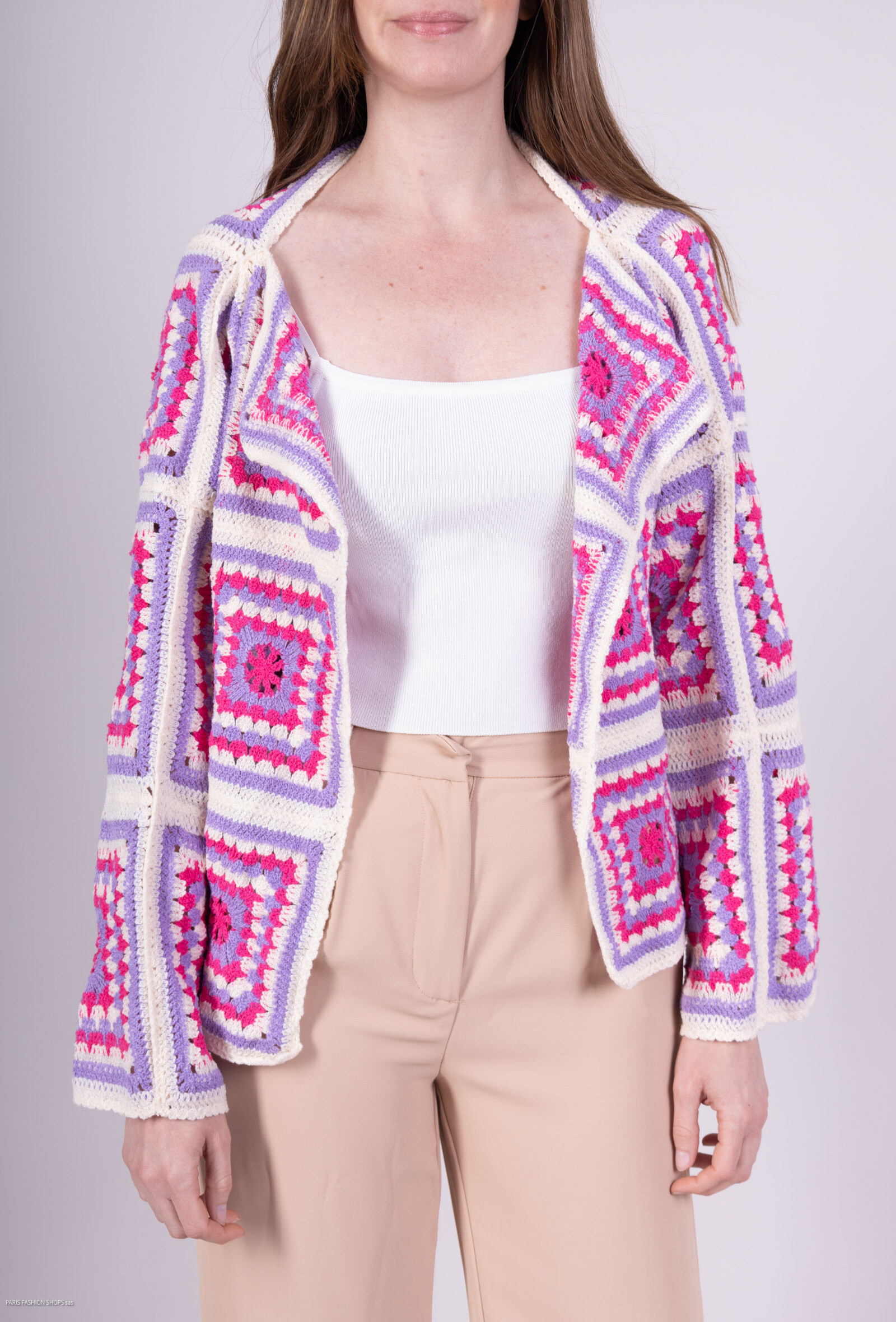 Grossiste Les Bonnes Copines - Gilet multicolore ouvert en crochet, manches longues