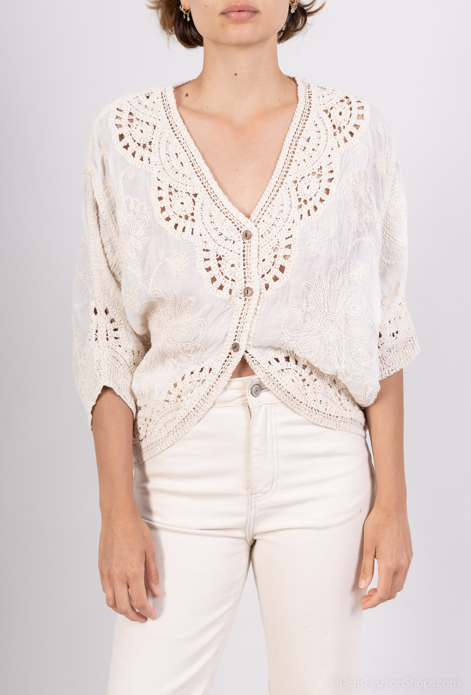 Großhändler Les Bonnes Copines - Bohemian - ECRU Sticked Crochet Weste