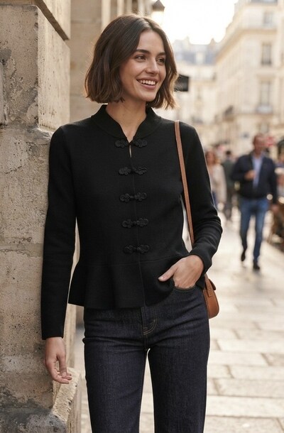 Grossiste Les Bonnes Copines - Gilet chic à basque et détails orientaux Grossiste Les Bonnes Copines - Gilet chic à basque et détails orientaux
