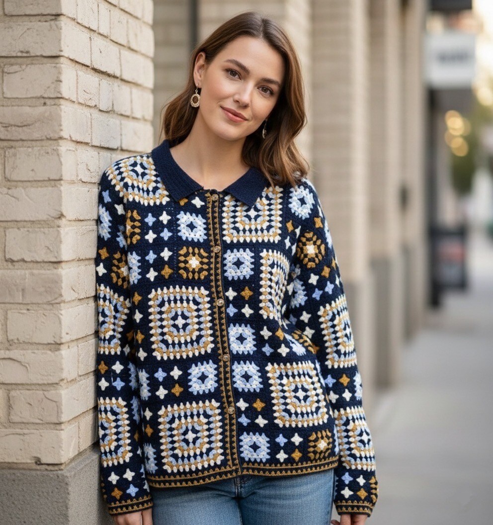 Großhändler Les Bonnes Copines - Grüne Olive Häkelweste – Buntes Granny Square Muster