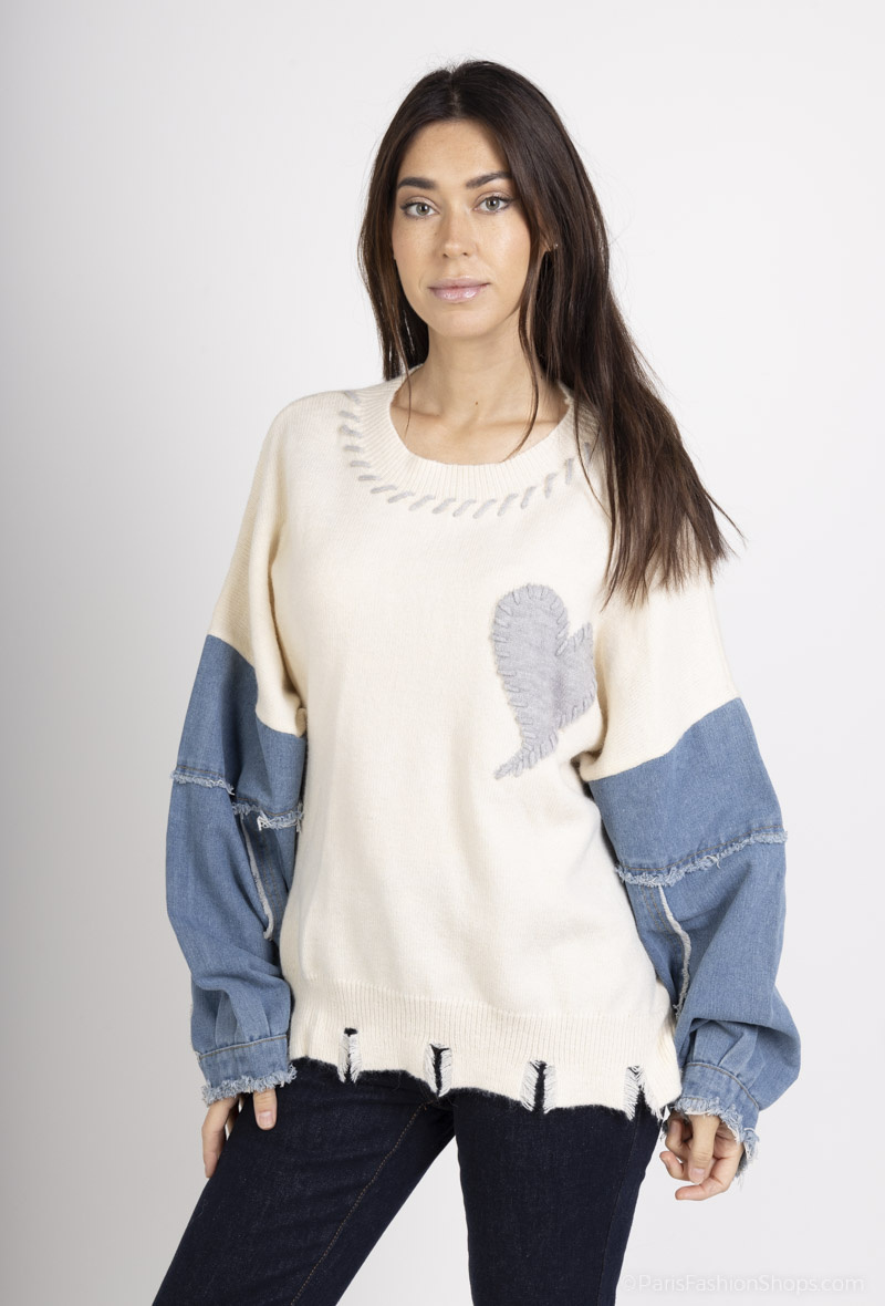 Grossiste Les Bonnes Copines - G pull Col rond avec manches en jeans