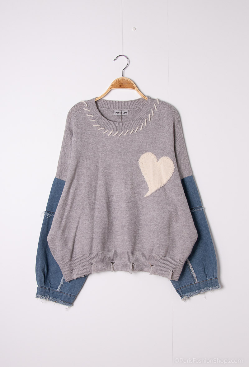 Grossiste Les Bonnes Copines - G pull Col rond avec manches en jeans