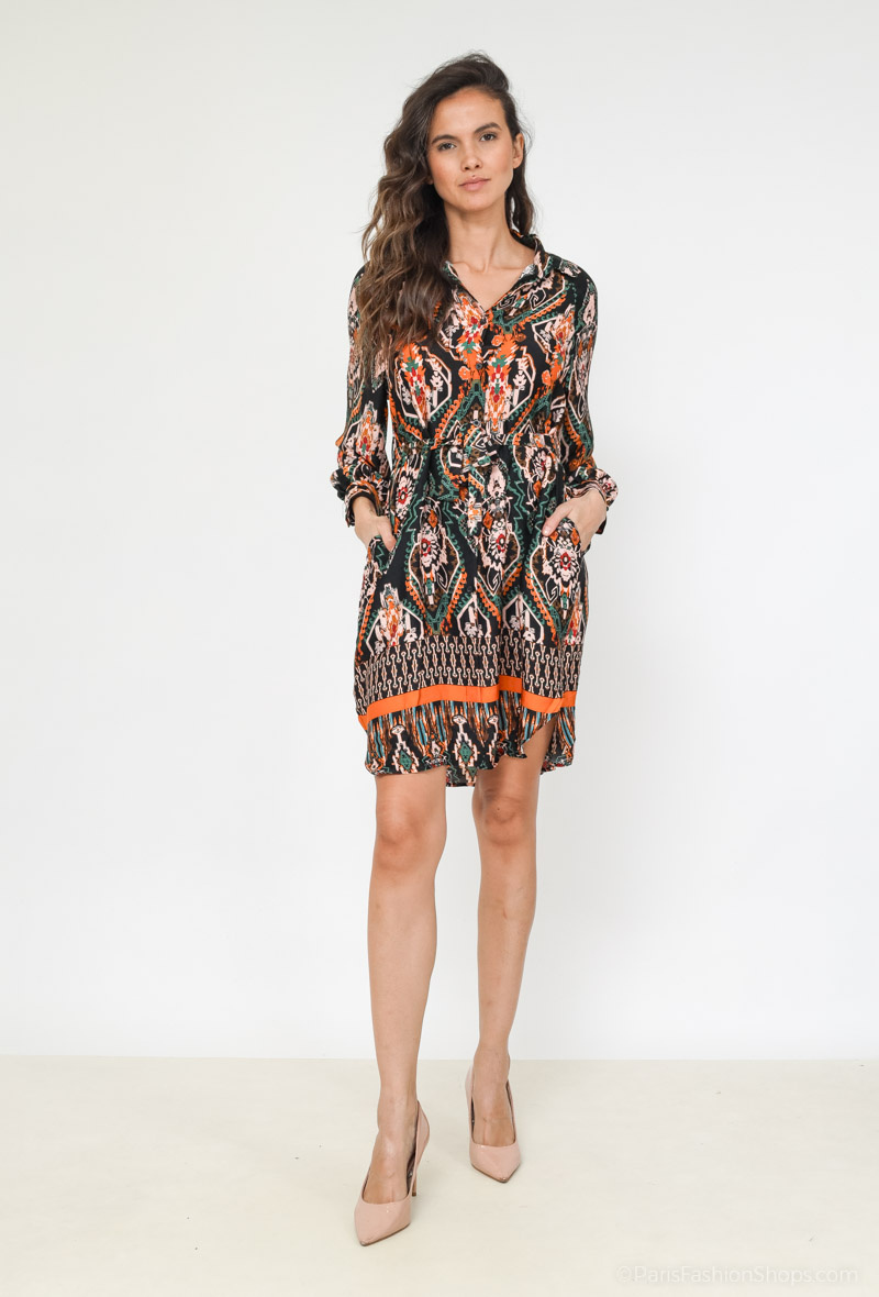 Wholesaler Les Bonnes Copines - Midi dress, shirt collar, printed, ideal for sunny summer.