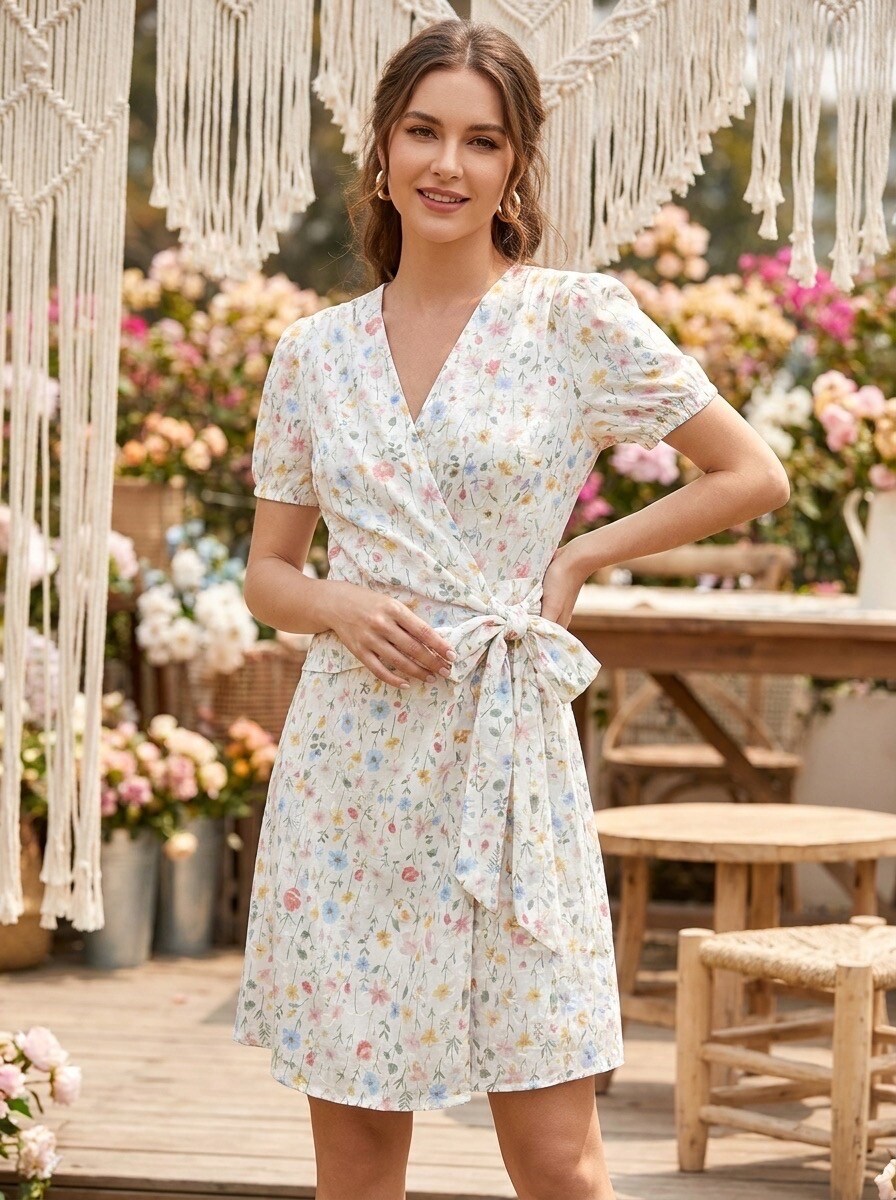 Wholesaler Les Bonnes Copines - Short Wrap Dress with Floral Embroidery