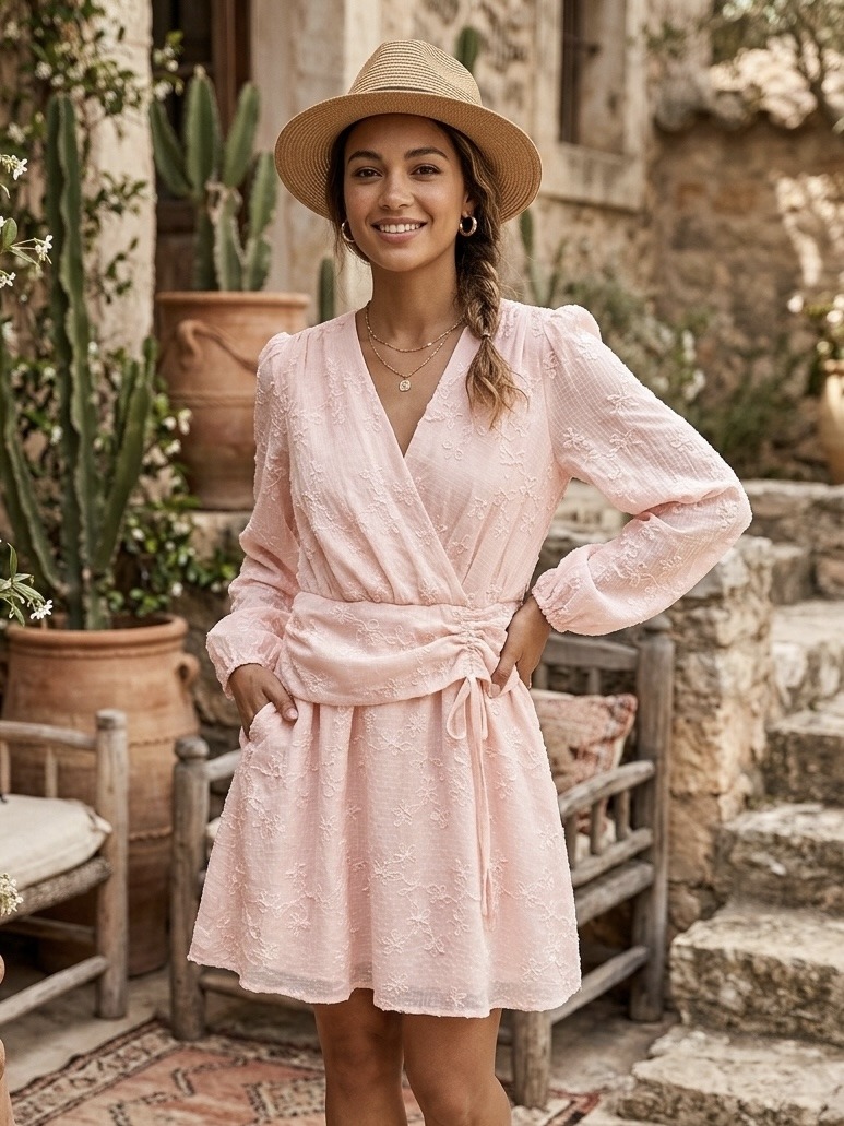 Wholesaler Les Bonnes Copines - Romantic Short Lace Embroidered Dress – Powder Pink