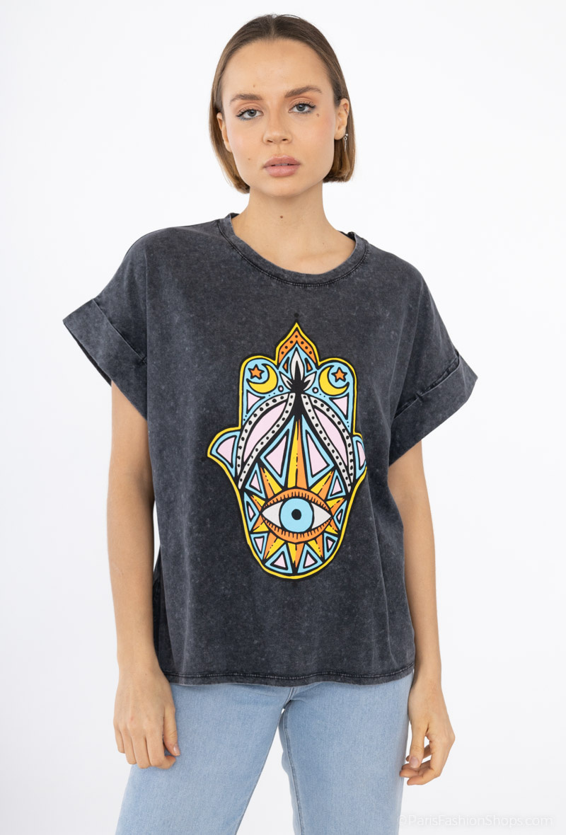 Grossiste Les Bonnes Copines - T-shirt délavé imprimé, en coton manches courtes.