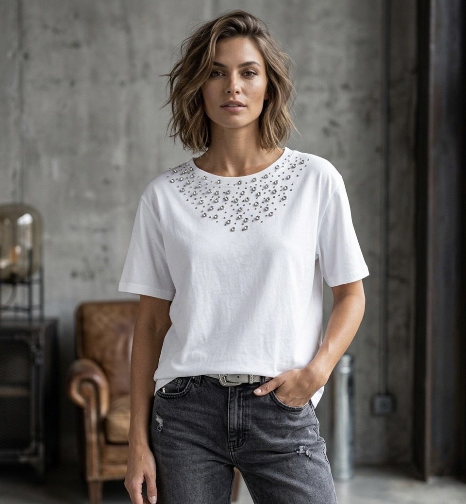 Grossiste Les Bonnes Copines - T-shirt Blanc Élégance Strass