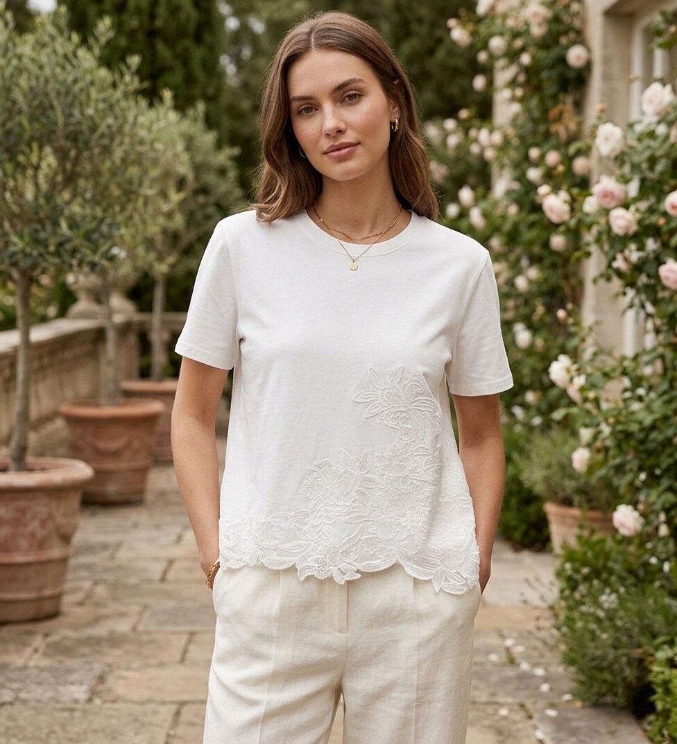 Großhändler Les Bonnes Copines - Weißes T-Shirt mit Guipure-Blumendetails