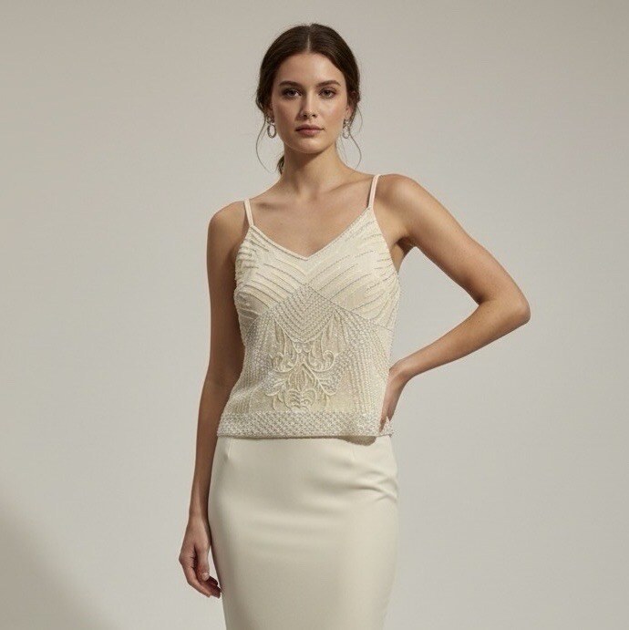 Elevate your evenings with this stunning beige top featuring delicate straps, fully adorned with hand-embroidered sequins and pearls. Its reimagined Art Deco style and shimmering geometric and floral patterns catch the light with every move for an undeniably glamorous effect. V-neckline edged with micro-pearls and tone-on-tone sequins. Exquisite embroidery on transparent tulle for a sophisticated and airy look.
The model is wearing size S/M