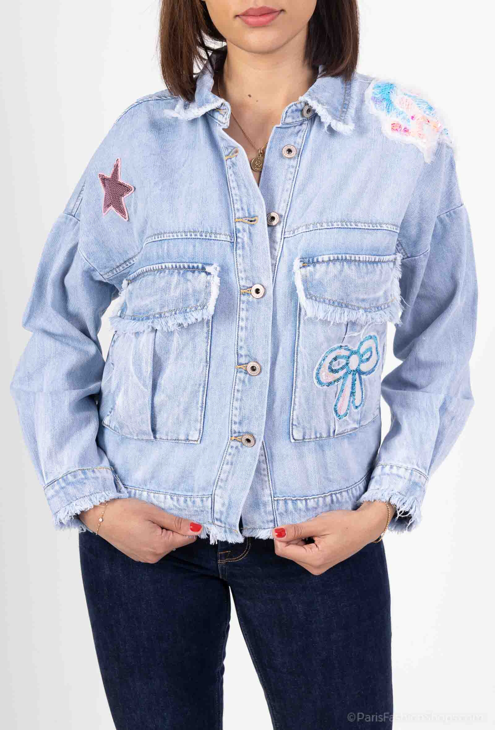 Grossista Les Bonnes Copines - Giacca di jeans con patch e paillettes