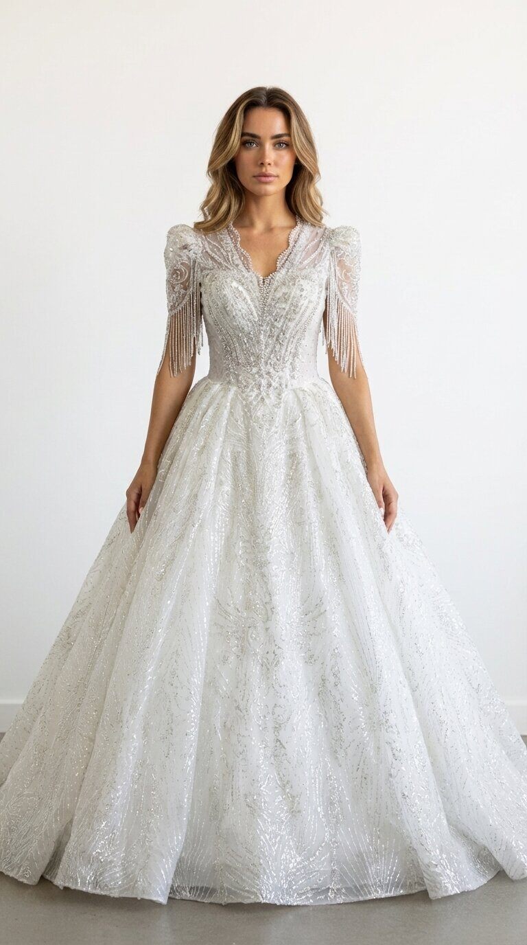 Großhändler Les Voiliers - Perlenbesetztes Prinzessinnen-Brautkleid mit Fransenärmeln