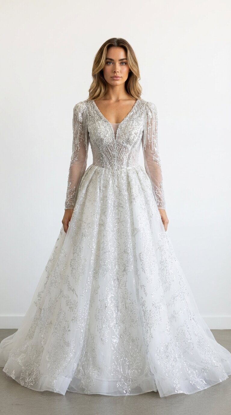 Wholesaler Les Voiliers - Princess wedding dress with long sleeves and sequins