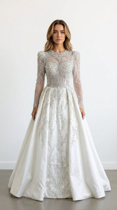 Grossista Les Voiliers - Abito da sposa principessa con maniche lunghe e scollo rotondo Grossista Les Voiliers - Abito da sposa principessa con maniche lunghe e scollo rotondo
