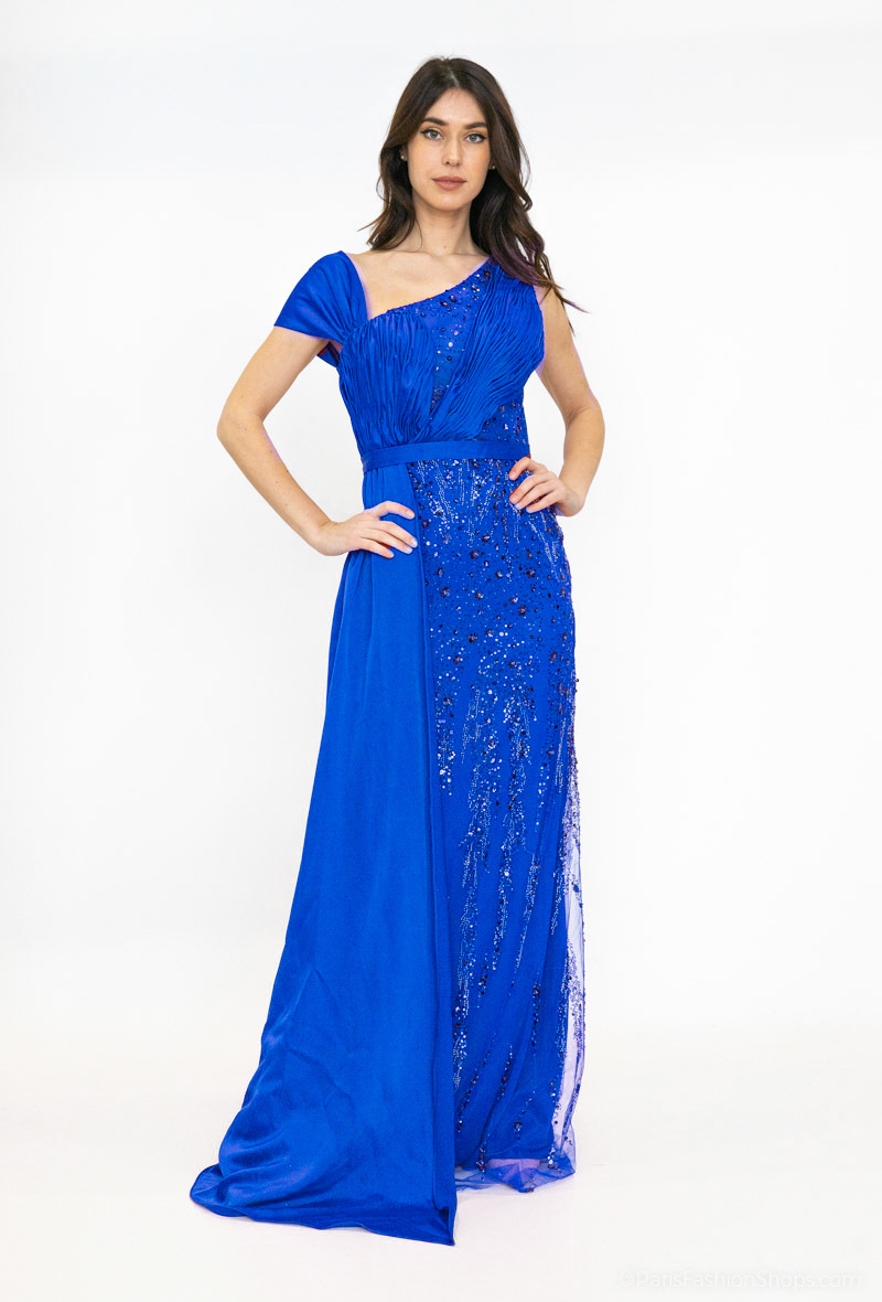 Grossiste Les Voiliers - Robe de soirée asymétrique avec perles et surjupe sur le côté