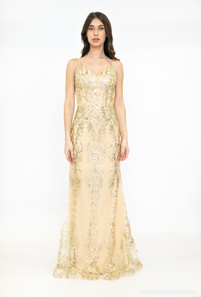 Großhändler Les Voiliers - Glitzerndes Abendkleid mit Spaghettiträgern