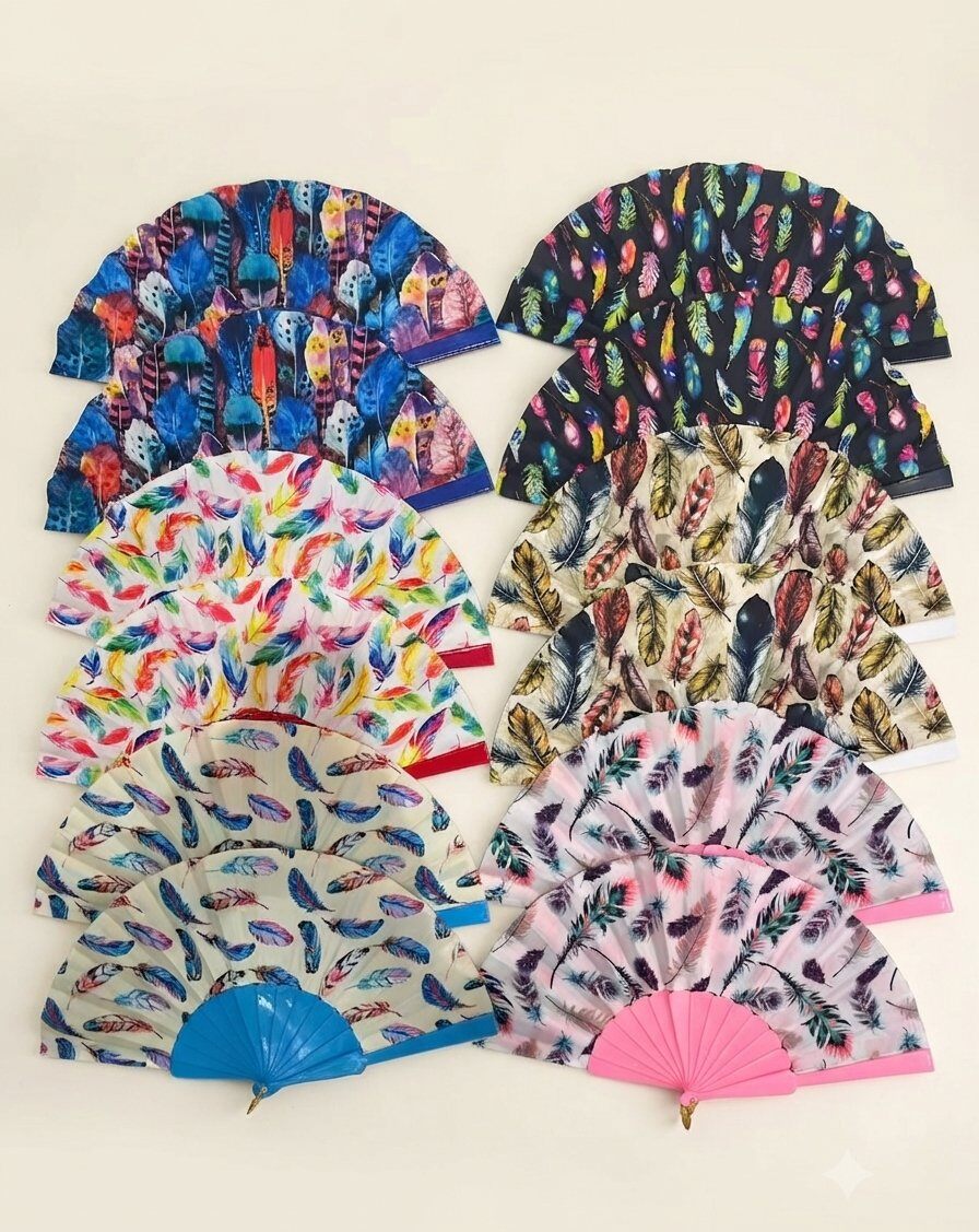 Mayorista LEXA PLUS - Abanicos con estampados de plumas coloridas