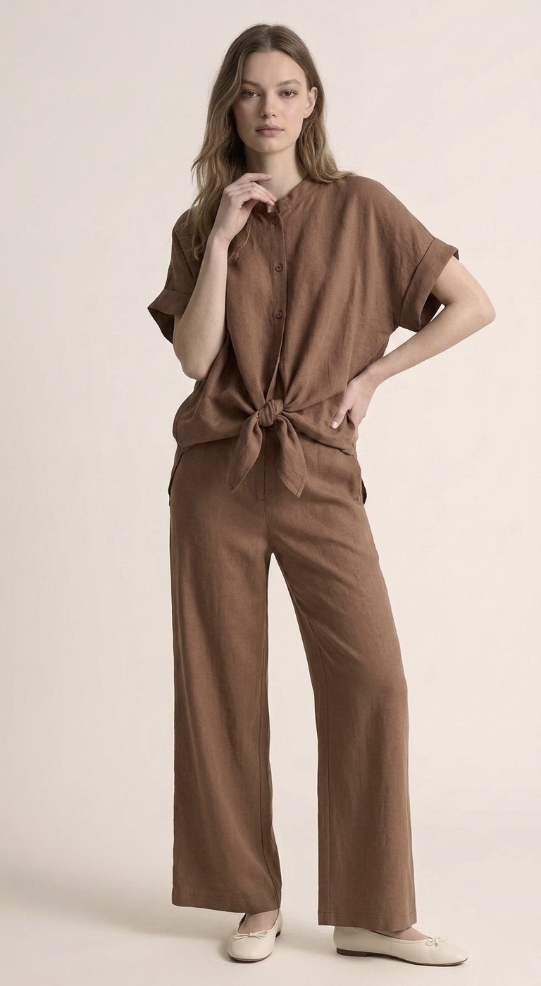 Wholesaler LI.FE STYLE - Short Sleeve Blouse in Linen and Viscose Blend – Mandarin Collar Shirt