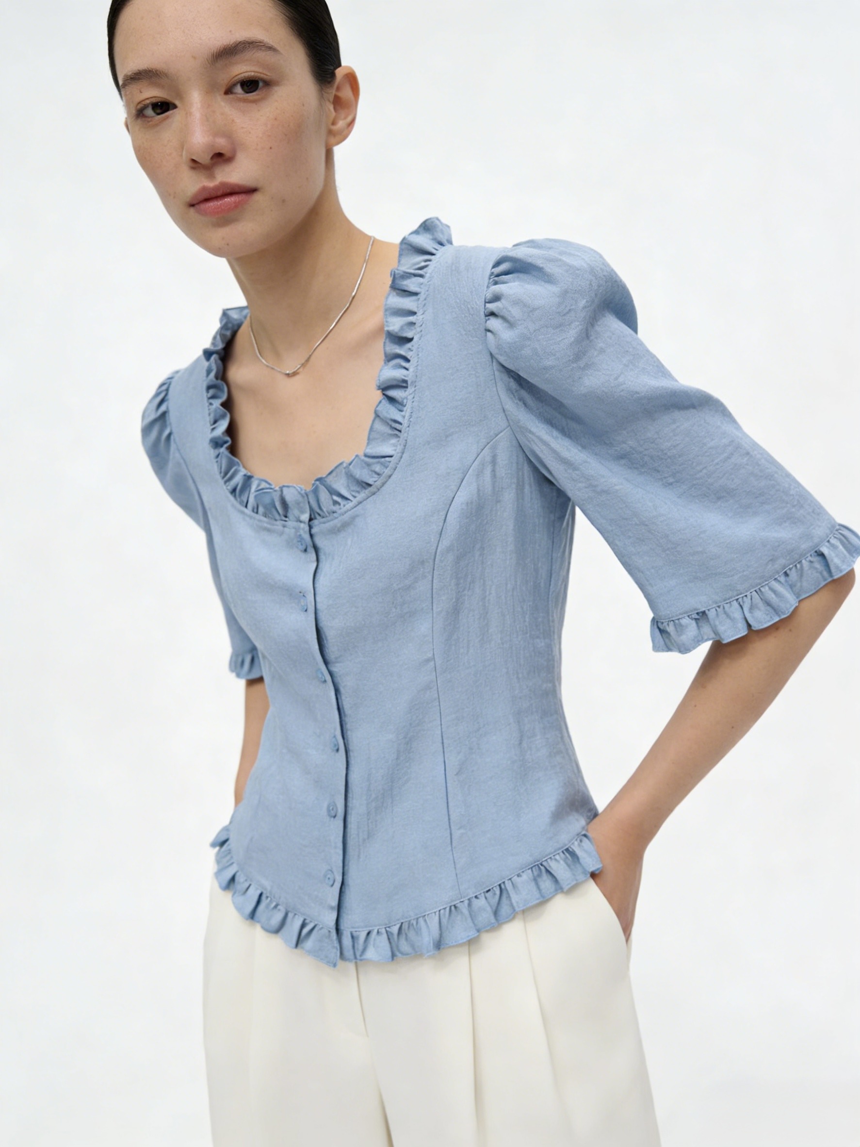 Wholesaler LI.FE STYLE - Ruffled blouse with puff sleeves and scoop neckline