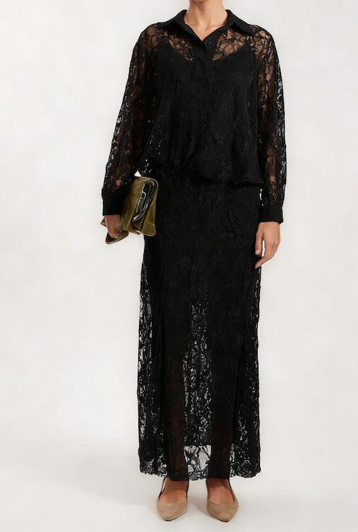 Grossista LI.FE STYLE - Gonna lunga romantica in pizzo nero trasparente