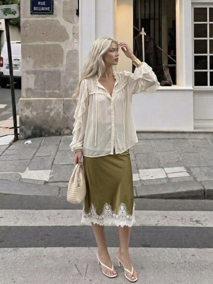 Wholesaler LI.FE STYLE - Elegant satin midi skirt with lace