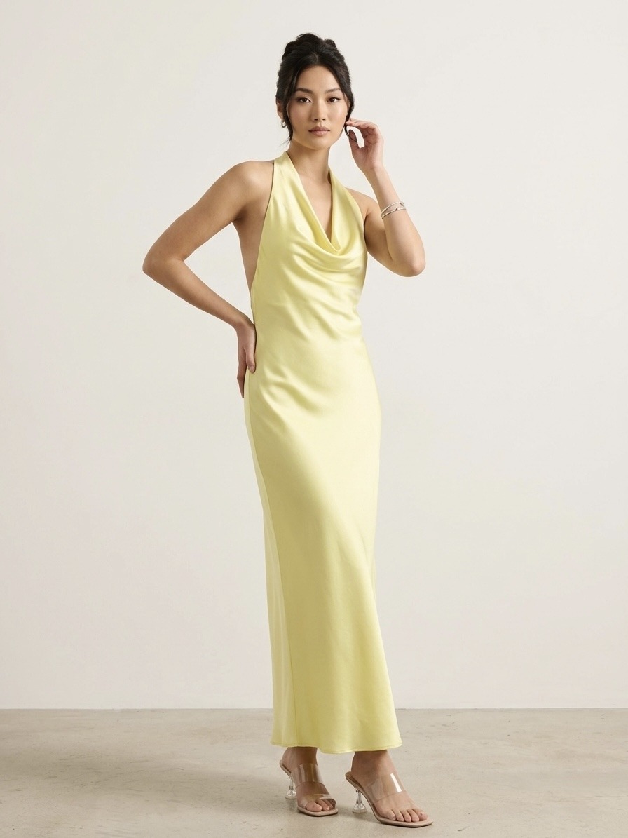 Großhändler LI.FE STYLE - Himmelblaues Viskose-Satin-Maxikleid mit Drapiertem Ausschnitt