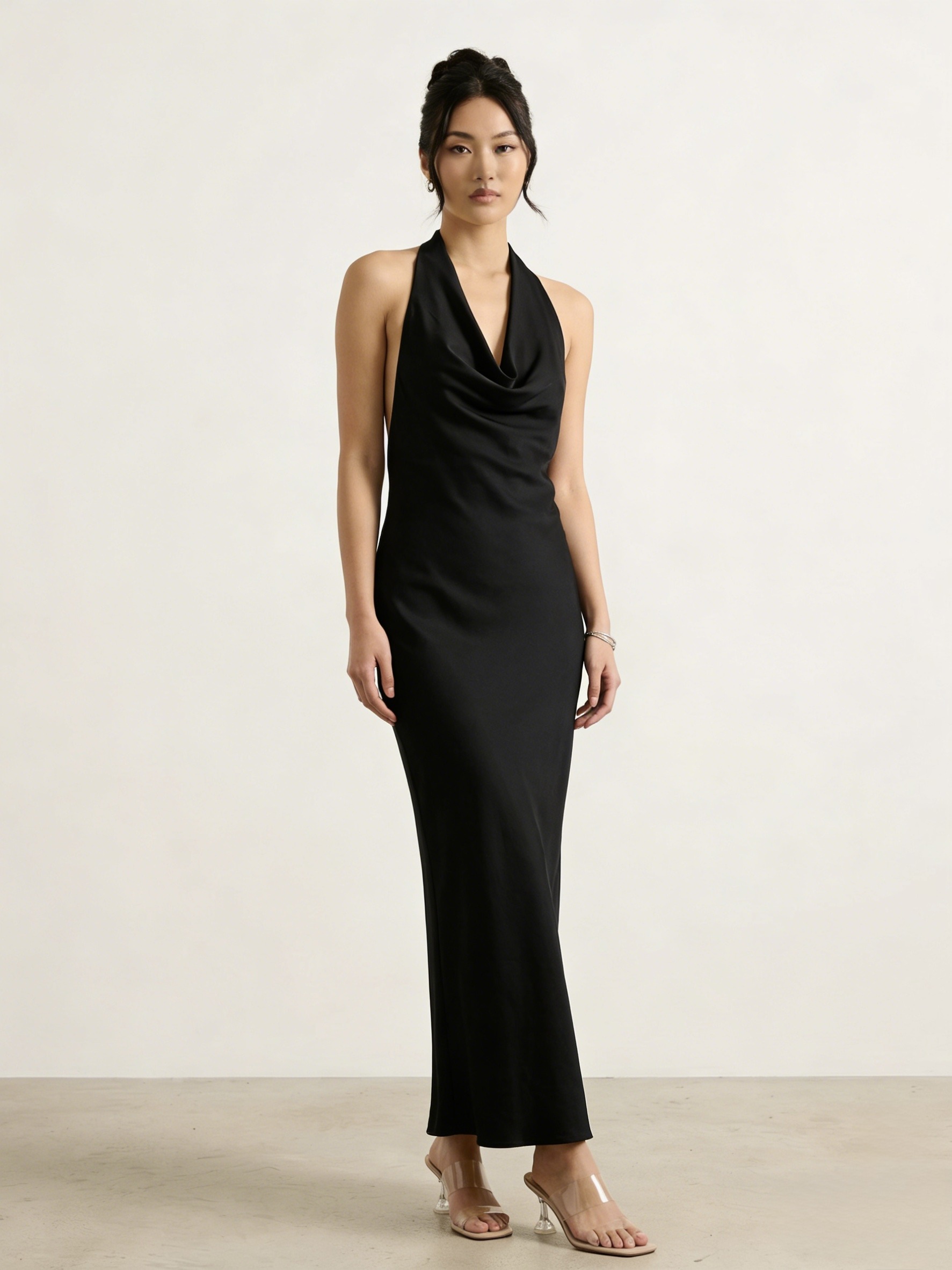 Wholesaler LI.FE STYLE - Sky Blue Viscose Satin Long Dress with Draped Neckline