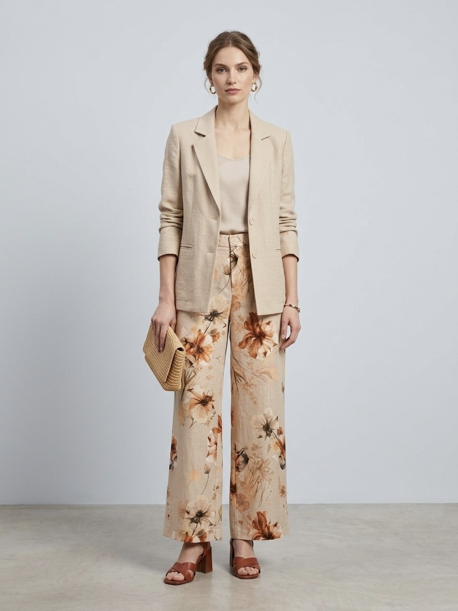 Wholesaler LI.FE STYLE - Wide-leg trousers in pure linen with floral pattern