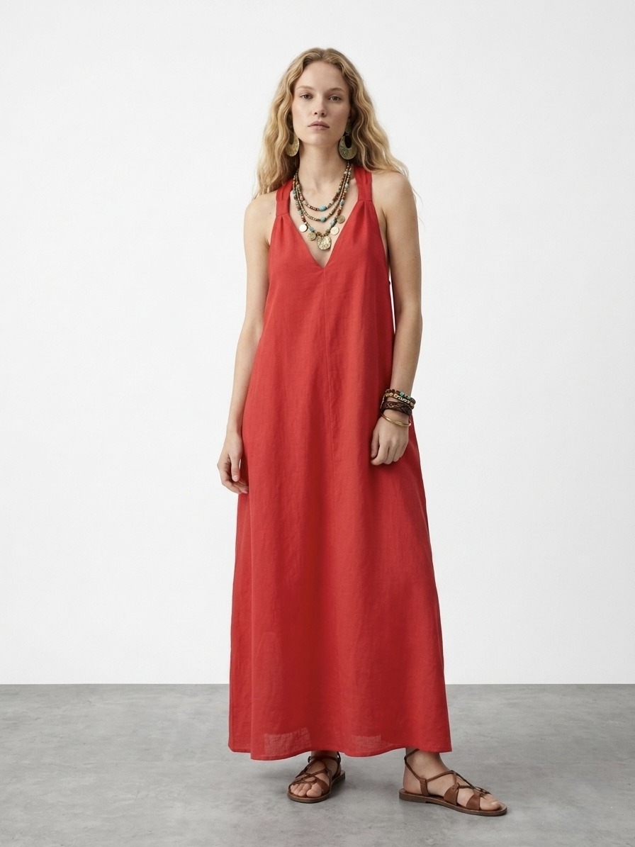 Mayorista LI.FE STYLE - Vestido maxi acampanado de lino y viscosa