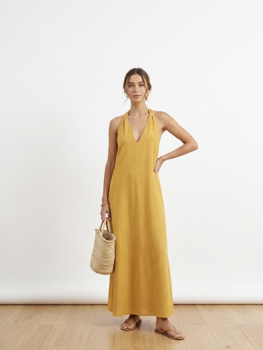Wholesaler LI.FE STYLE - Chic Long Dress in Linen-Viscose with V-Neckline