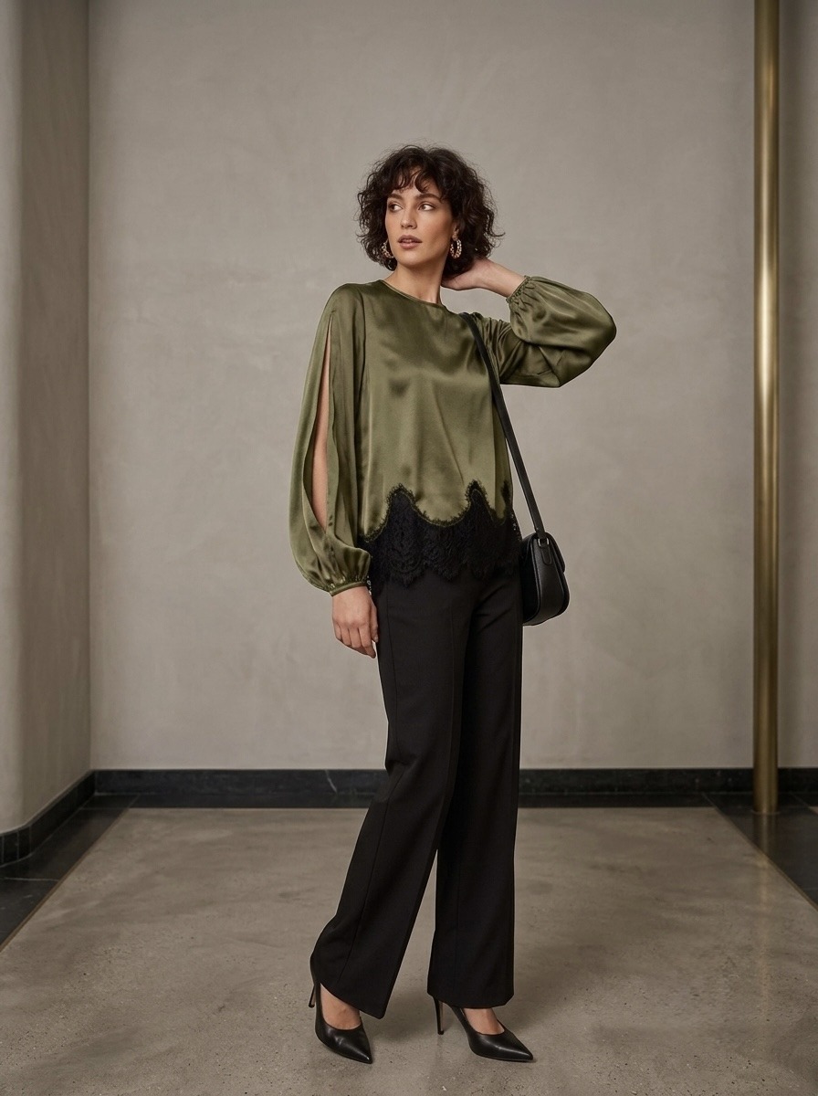Wholesaler LI.FE STYLE - Viscose satin blouse with round neck and lace hem