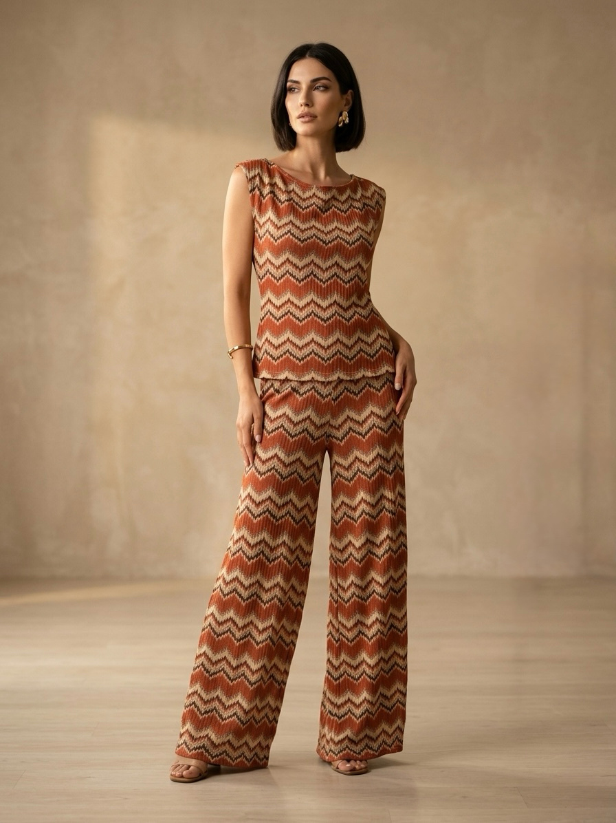 Großhändler LI.FE STYLE - Palazzo-Hose Sinfonia Zig-Zag – Rustikales Orange und Sand