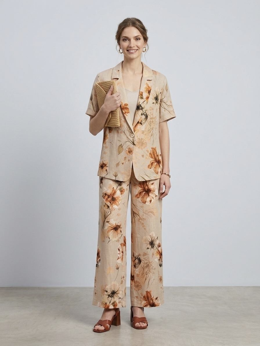 Grossiste LI.FE STYLE - Veste légère à manches courtes en pur lin avec motif floral