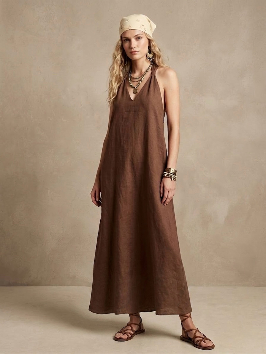 Mayorista LI.FE STYLE - Vestido Largo Chic de Lino-Viscosa con Escote en V