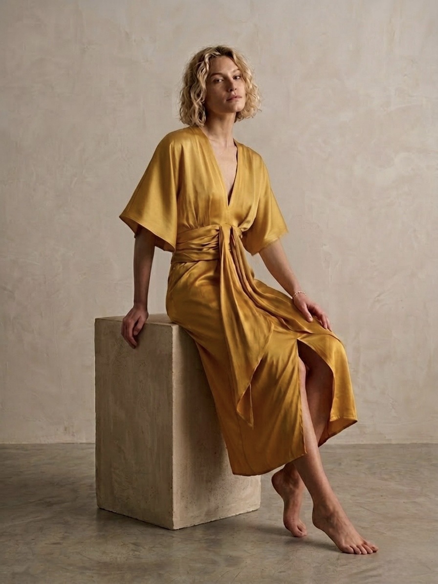 Grossiste LI.FE STYLE - Robes midi en satin de viscose avec drapé