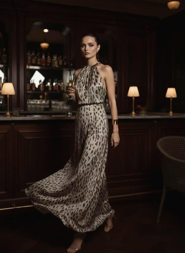 Grossiste LI.FE STYLE - Robe Maxi Halter en Satin de Viscose – Animalier Doux