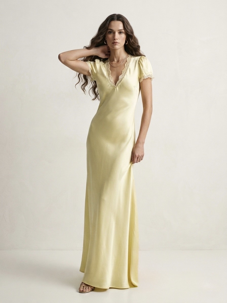 Mayorista LI.FE STYLE - Vestido Largo de Satén Verde Oliva Dorado con Detalles de Encaje