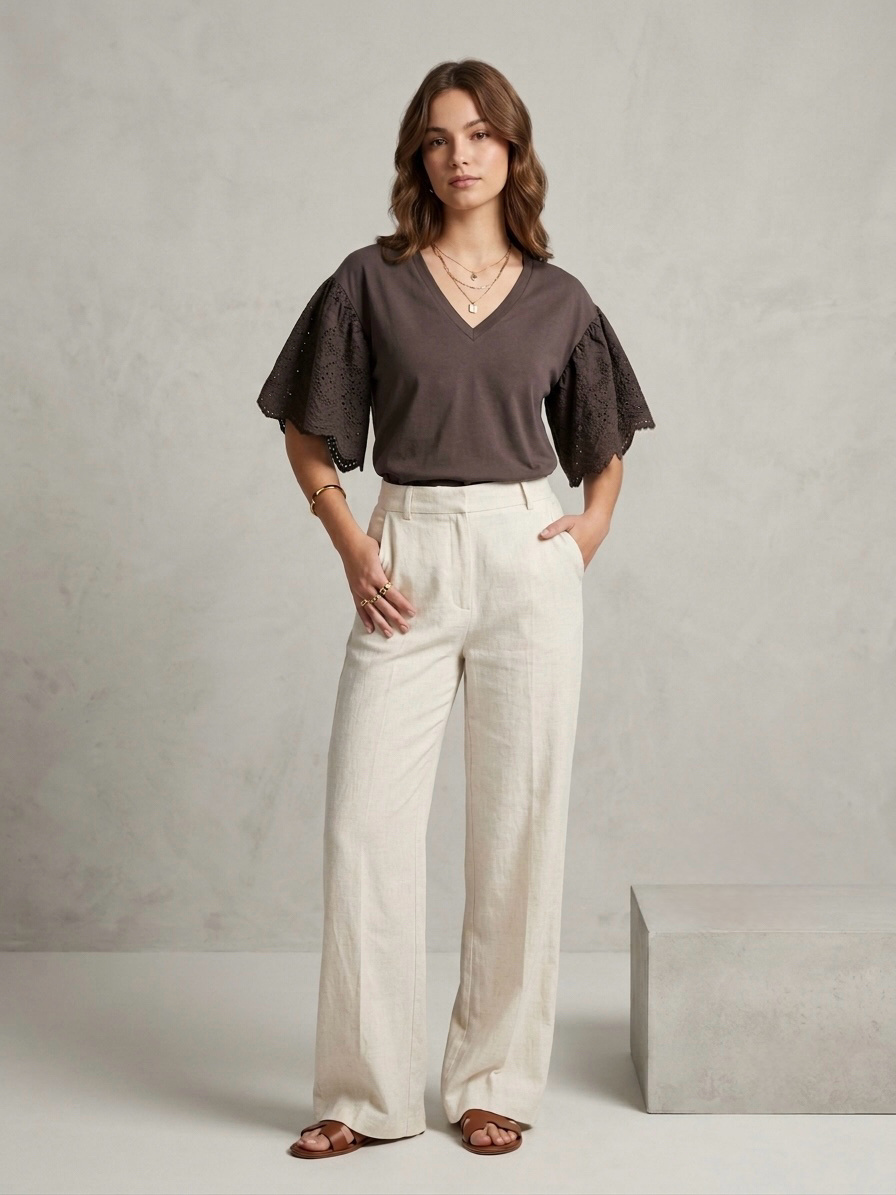 Wholesaler LI.FE STYLE - Cotton T-shirt with eyelet ruffle sleeves