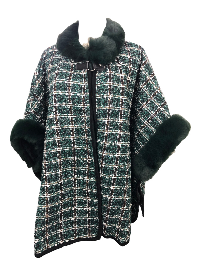 Großhändler Lidy's - Karierte Tweed-Style-Cape mit Kunstfellkragen