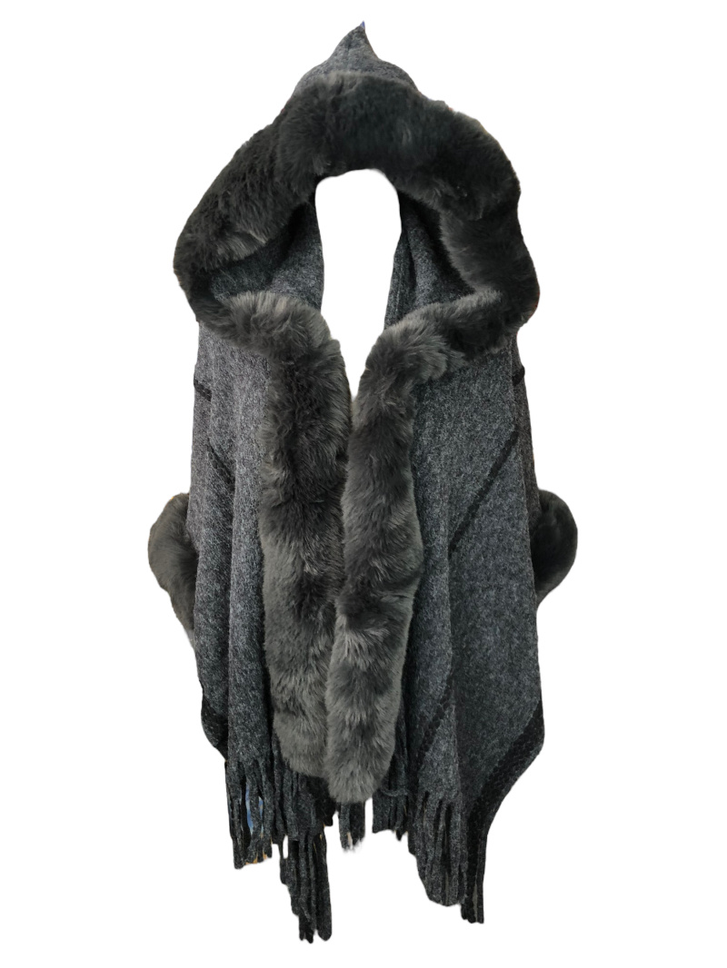 Wholesaler Lidy's - Plain poncho with faux fur and hood