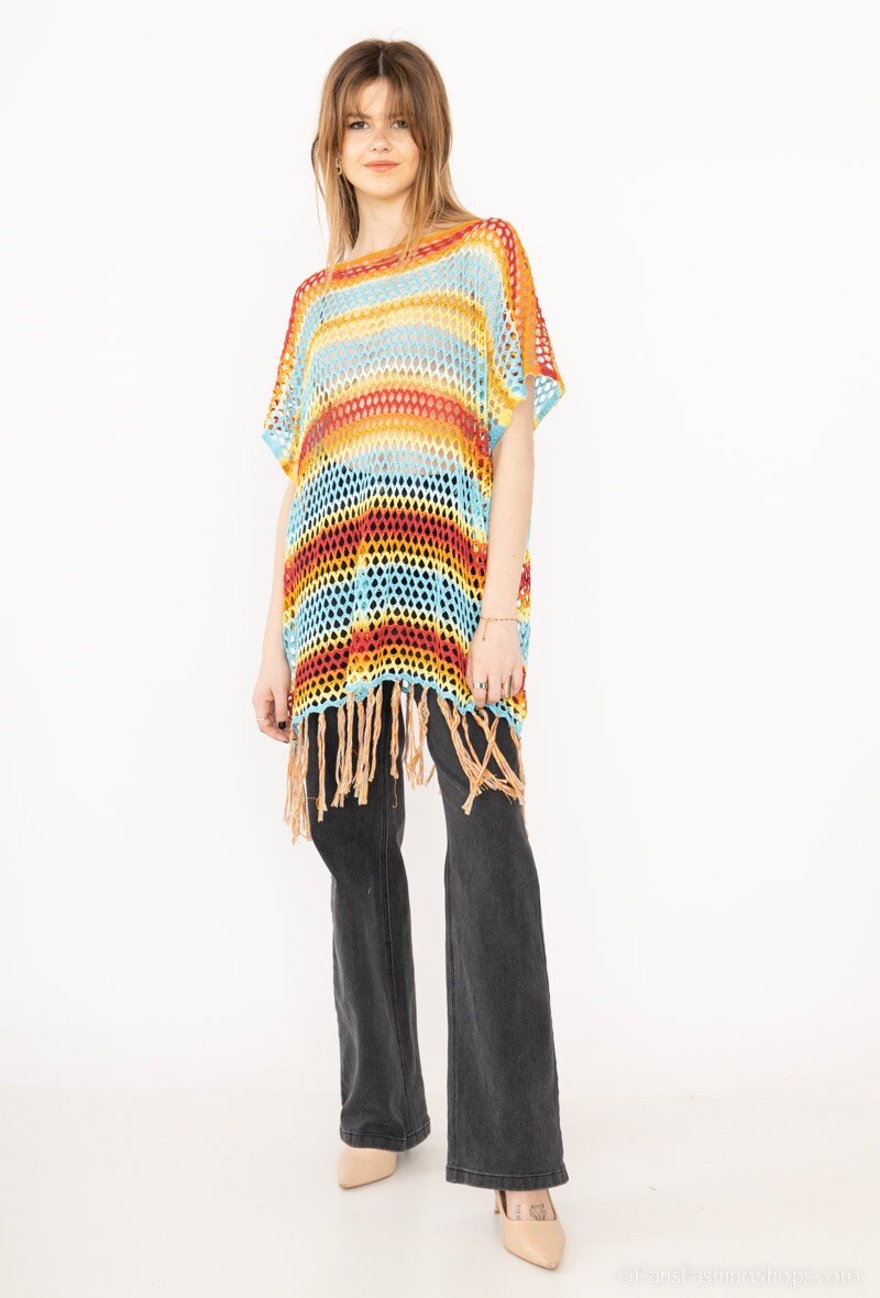 Mayorista Lidy's - Pareo calado con rayas multicolores y flecos