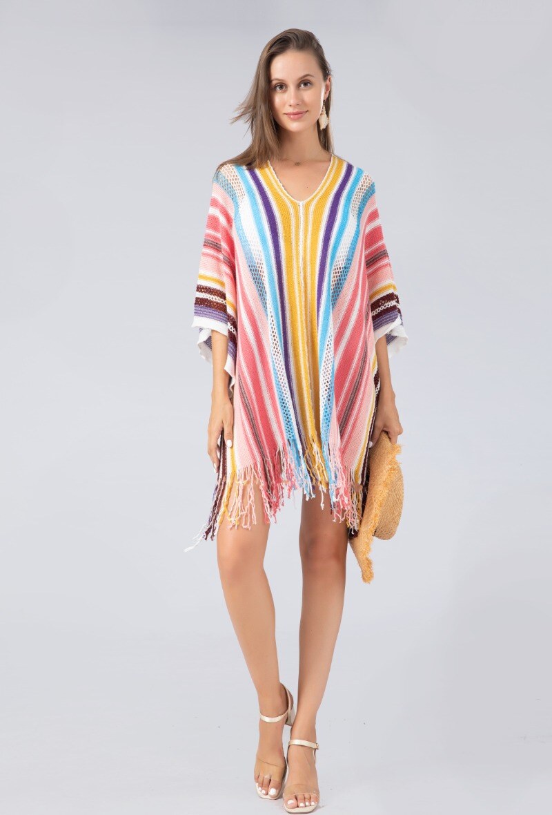 Mayorista Lidy's - Poncho de rayas caladas multicolores con flecos