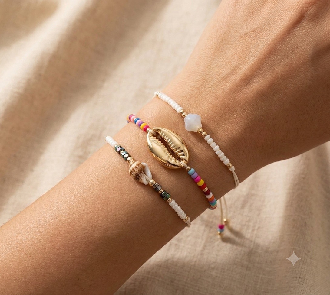 Mayorista Lili à la plage - Set de 3 pulseras de playa bohemias – Concha, cuentas de colores y piedra natural – Ajustable